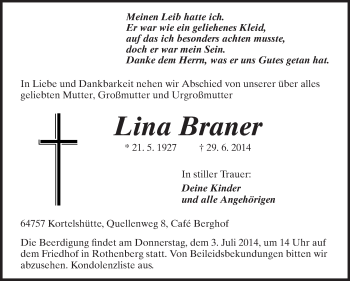 Traueranzeige von Lina Braner von Odenwälder Echo