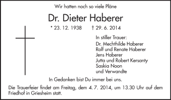Traueranzeige von Dieter Haberer von Darmstädter Echo, Odenwälder Echo, Rüsselsheimer Echo, Groß-Gerauer-Echo, Ried Echo