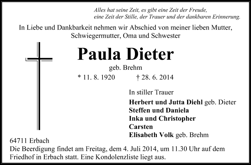  Traueranzeige für Paula Dieter vom 02.07.2014 aus Odenwälder Echo