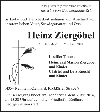 Traueranzeige von Heinz Ziergöbel von Echo-Zeitungen (Gesamtausgabe)