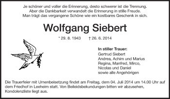 Traueranzeige von Wolfgang Siebert von Rüsselsheimer Echo, Groß-Gerauer-Echo, Ried Echo