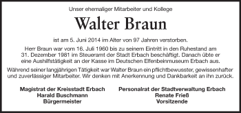 Traueranzeige von Walter Braun von Odenwälder Echo