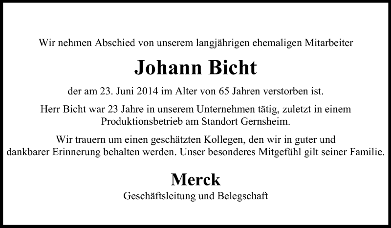  Traueranzeige für Johann Bicht vom 02.07.2014 aus Rüsselsheimer Echo, Groß-Gerauer-Echo, Ried Echo