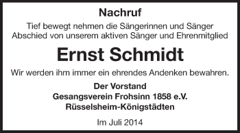 Traueranzeige von Ernst Schmidt von Rüsselsheimer Echo, Groß-Gerauer-Echo, Ried Echo