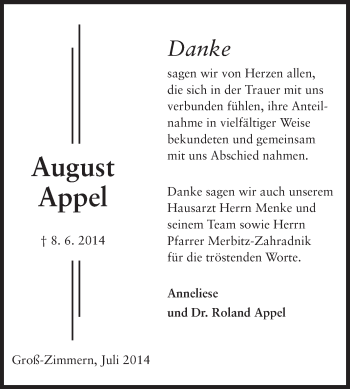 Traueranzeige von August Appel von Echo-Zeitungen (Gesamtausgabe)