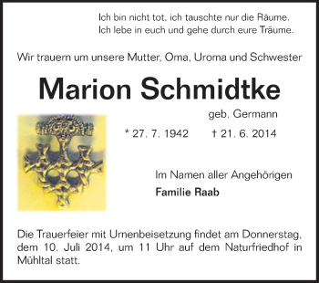 Traueranzeige von Marion Schmidtke von Echo-Zeitungen (Gesamtausgabe)