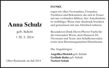Traueranzeige von Anna Schulz von Echo-Zeitungen (Gesamtausgabe)