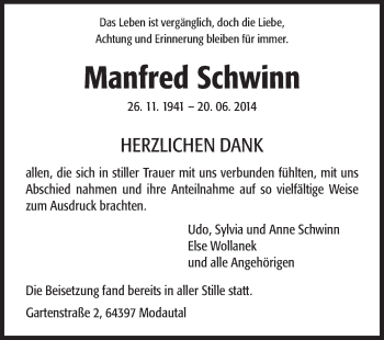 Traueranzeige von Manfred Schwinn von Echo-Zeitungen (Gesamtausgabe)