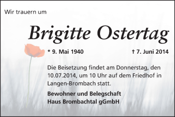 Traueranzeige von Brigitte Ostertag von Odenwälder Echo