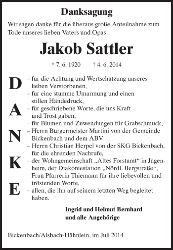 Traueranzeige von Jakob Sattler von Echo-Zeitungen (Gesamtausgabe)