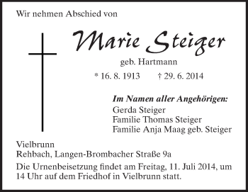 Traueranzeige von Marie Steiger von Odenwälder Echo