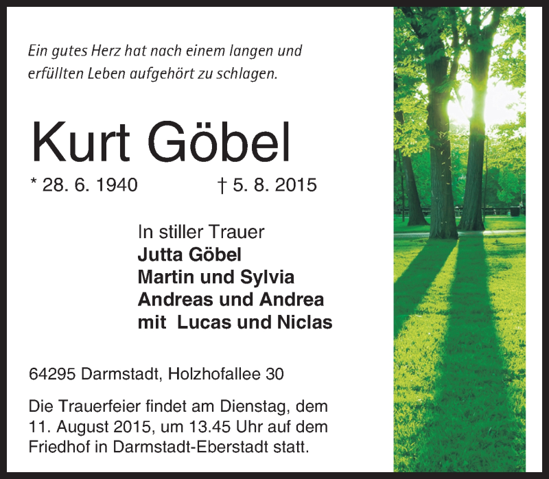  Traueranzeige für Kurt Göbel vom 08.08.2015 aus trauer.echo-online.de