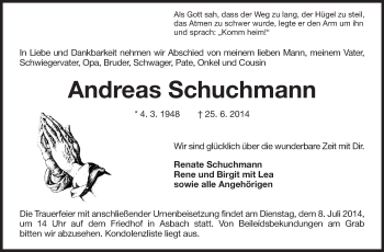 Traueranzeige von Andreas Schuchmann von Echo-Zeitungen (Gesamtausgabe)