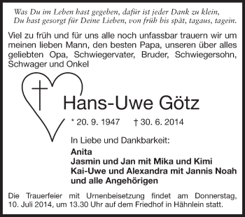 Traueranzeige von Hans-Uwe Götz von Echo-Zeitungen (Gesamtausgabe)