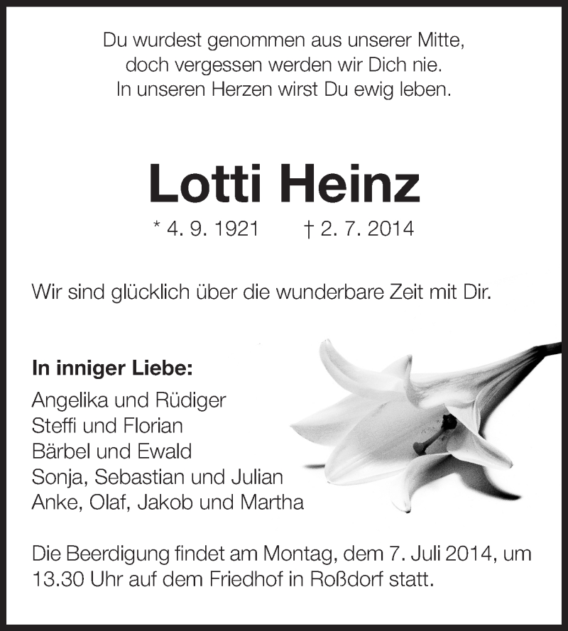  Traueranzeige für Lotti Heinz vom 05.07.2014 aus Echo-Zeitungen (Gesamtausgabe)