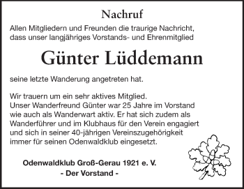 Traueranzeige von Günter Lüddemann von Rüsselsheimer Echo, Groß-Gerauer-Echo, Ried Echo