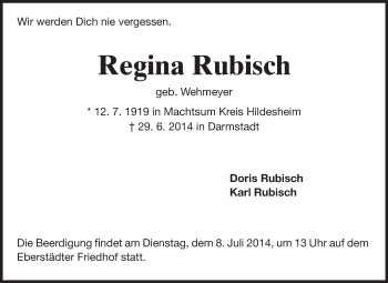 Traueranzeige von Regina Rubisch von Echo-Zeitungen (Gesamtausgabe)