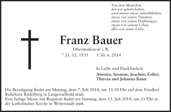 Traueranzeige von Franz Bauer von Echo-Zeitungen (Gesamtausgabe)