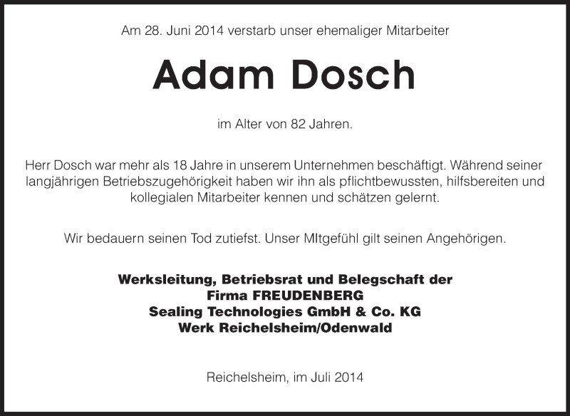  Traueranzeige für Adam Dosch vom 05.07.2014 aus Odenwälder Echo
