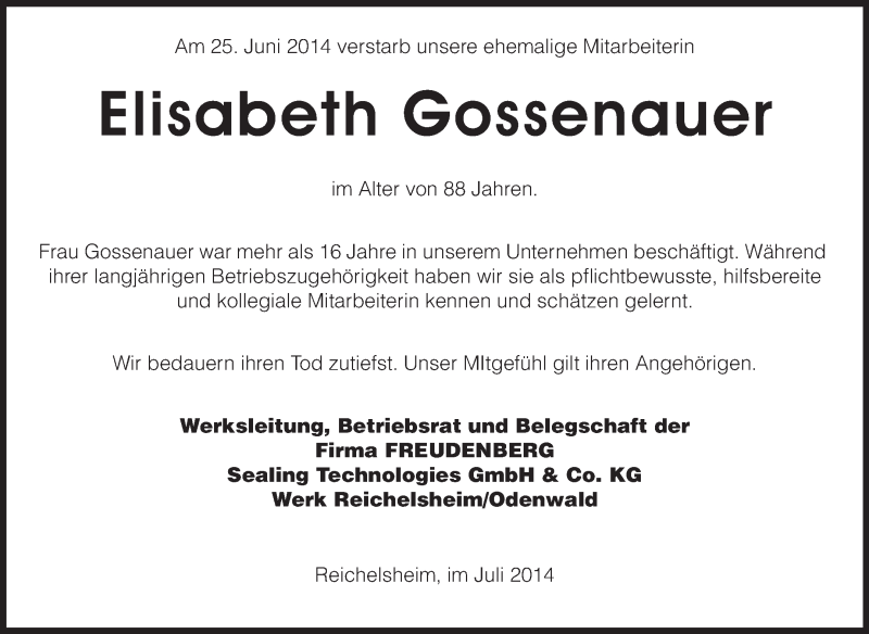  Traueranzeige für Elisabeth Gossenauer vom 05.07.2014 aus Odenwälder Echo