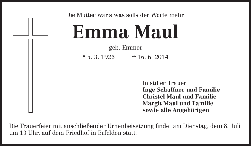  Traueranzeige für Emma Maul vom 05.07.2014 aus Rüsselsheimer Echo, Groß-Gerauer-Echo, Ried Echo