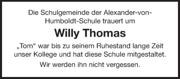 Traueranzeige von Willy Thomas von Rüsselsheimer Echo, Groß-Gerauer-Echo, Ried Echo