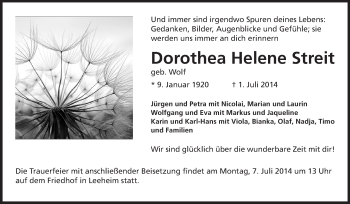 Traueranzeige von Dorothea Helene Streit von Echo-Zeitungen (Gesamtausgabe)