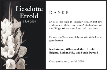 Traueranzeige von Lieselotte Etzold von Echo-Zeitungen (Gesamtausgabe)