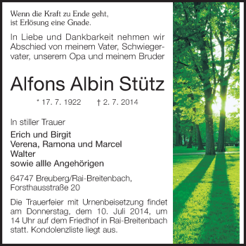 Traueranzeige von Alfons Albin Stütz von Odenwälder Echo