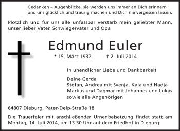 Traueranzeige von Edmund Euler von Echo-Zeitungen (Gesamtausgabe)