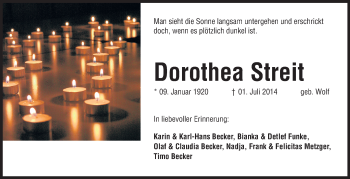 Traueranzeige von Dorothea Streit von Rüsselsheimer Echo, Groß-Gerauer-Echo, Ried Echo