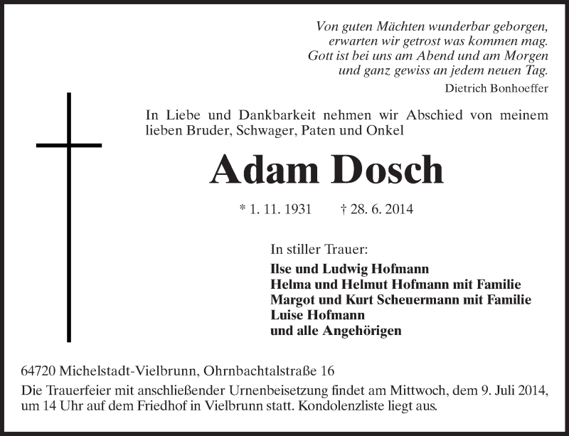  Traueranzeige für Adam Dosch vom 05.07.2014 aus Odenwälder Echo