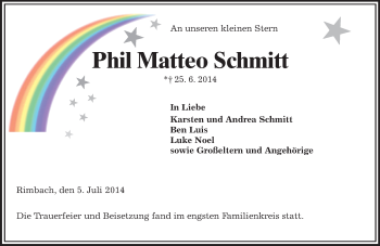 Traueranzeige von Phil Matteo Schmitt von Starkenburger Echo