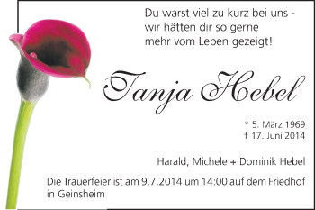 Traueranzeige von Tanja Hebel von Rüsselsheimer Echo, Groß-Gerauer-Echo, Ried Echo