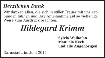 Traueranzeige von Hildegard Krimm von Echo-Zeitungen (Gesamtausgabe)