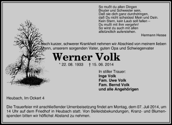 Traueranzeige von Werner Volk von Echo-Zeitungen (Gesamtausgabe)