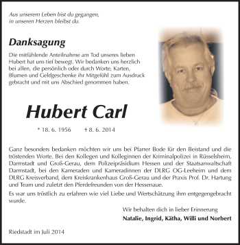 Traueranzeige von Hubert Carl von Echo-Zeitungen (Gesamtausgabe)