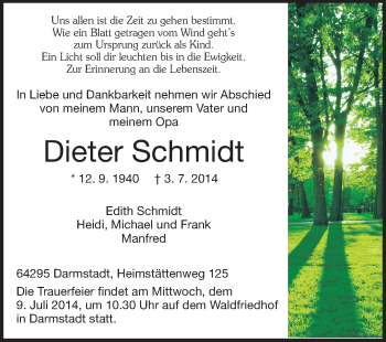 Traueranzeige von Dieter Schmidt von Echo-Zeitungen (Gesamtausgabe)