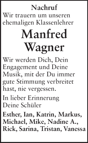 Traueranzeige von Manfred Wagner von Rüsselsheimer Echo, Groß-Gerauer-Echo, Ried Echo