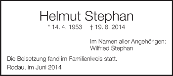 Traueranzeige von Helmut Stephan von Echo-Zeitungen (Gesamtausgabe)