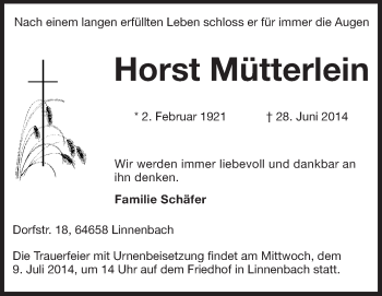 Traueranzeige von Horst Mütterlein von Starkenburger Echo