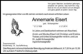 Traueranzeige von Annemarie Eisert von Echo-Zeitungen (Gesamtausgabe)