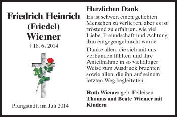 Traueranzeige von Friedrich Heinrich Wiemer von Echo-Zeitungen (Gesamtausgabe)