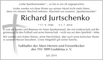 Traueranzeige von Richard Jurtschenko von Rüsselsheimer Echo, Groß-Gerauer-Echo, Ried Echo