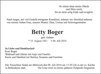 Traueranzeige von Betty Boger von Rüsselsheimer Echo, Groß-Gerauer-Echo, Ried Echo