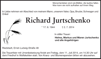 Traueranzeige von Richard Jurtschenko von Rüsselsheimer Echo, Groß-Gerauer-Echo, Ried Echo