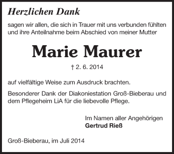 Traueranzeige von Marie Maurer von Echo-Zeitungen (Gesamtausgabe)