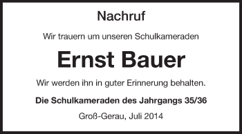 Traueranzeige von Ernst Bauer von Rüsselsheimer Echo, Groß-Gerauer-Echo, Ried Echo