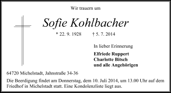 Traueranzeige von Sofie Kohlbacher von Odenwälder Echo