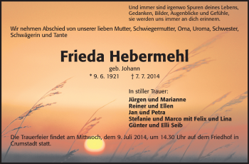 Traueranzeige von Frieda Hebermehl von Rüsselsheimer Echo, Groß-Gerauer-Echo, Ried Echo